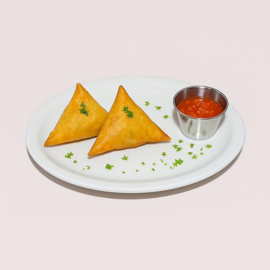 Samosas — crispy golden pastry pockets with dipping sauce